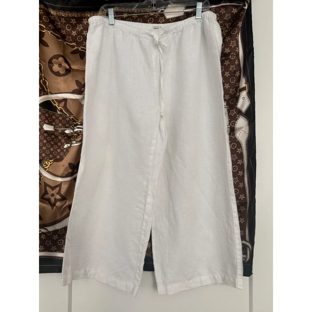 Jones New York White Linen Wide Leg Drawstring Waist Summer Pants Womens